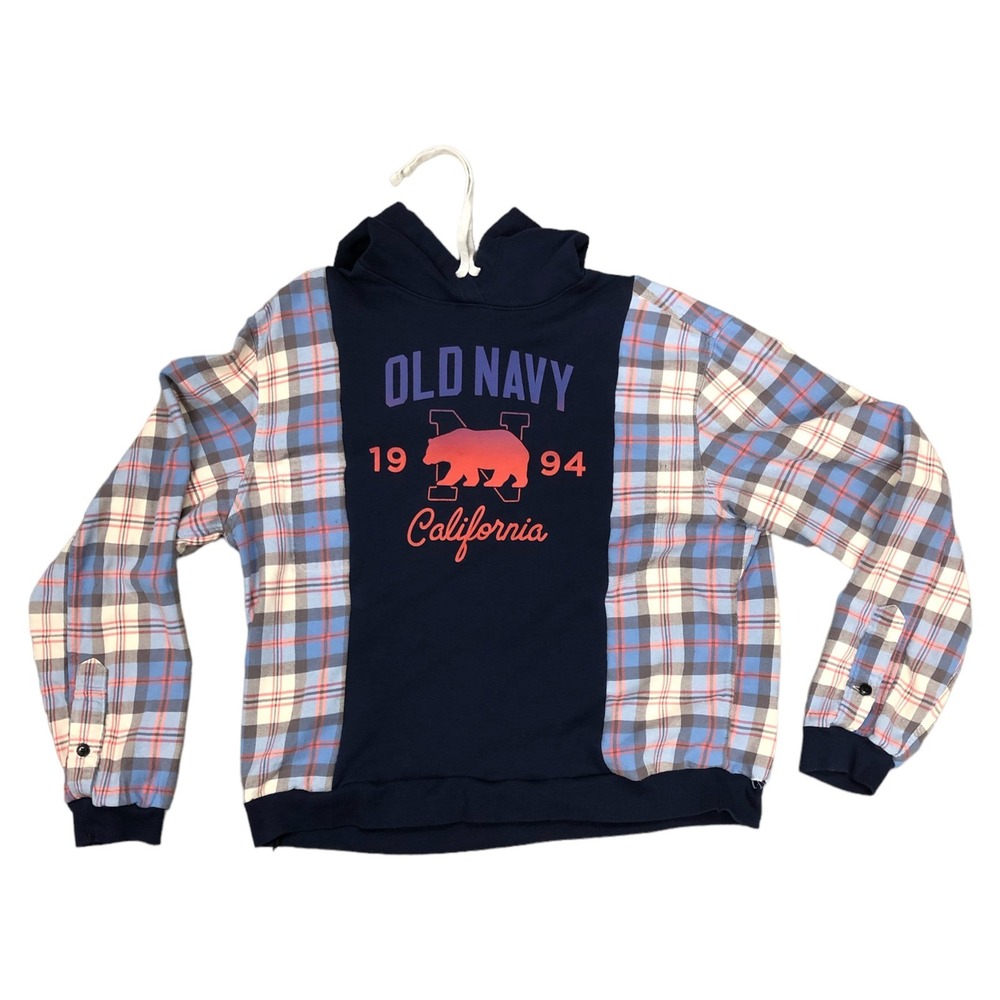 Upcycled old navy CA hoodie reworked flannel oversized periwinkle pullover OOAK